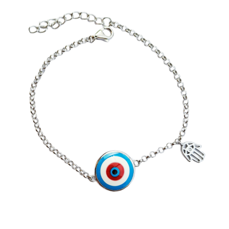 pulsera de plata con una cadena y en el centro un ojo turco y a un lado una pequeña mano de fatima