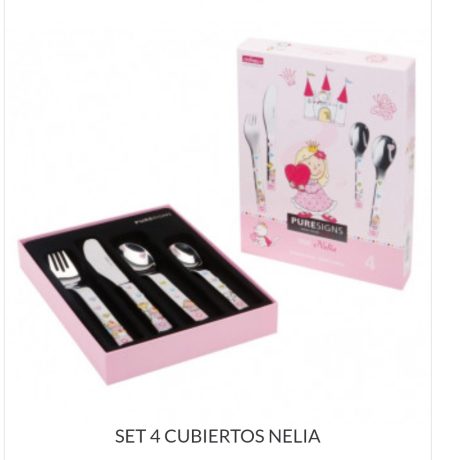 cuberteria infantil de acero con cuatro cubiertos y con dibujo infantil de princesa