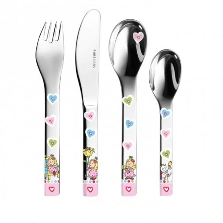 La Cubertería infantil Princesas  es una simpática cubertería de cuatro piezas de acero inoxidable, tiene un preciso diseño y esta decorada con estampaciones de princesas y pequeños corazones que suben por la cubertería en  colores pastel. Medidas: Cuchillo 17 cm Tenedor 16 cm Cuchara 16 cm Chuchara postre 13 cm