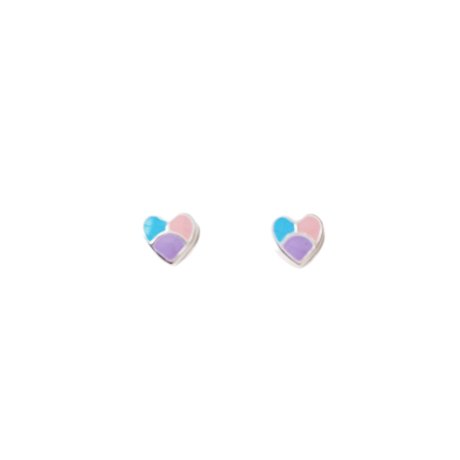 pendiente de plata infantil con forma de corazon de color rosa, morado y azul