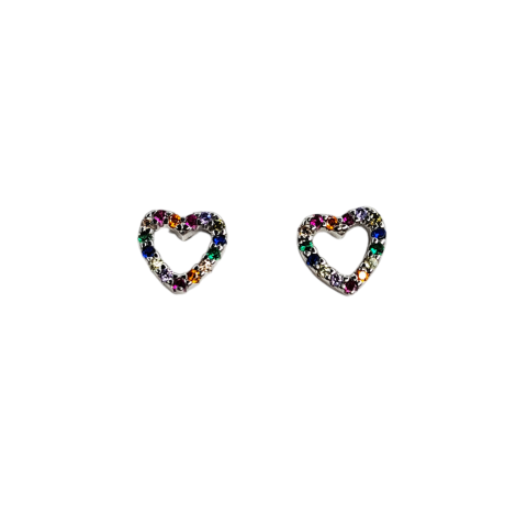 Pendiente de plata con forma de corazon hueco repleto de circonitas de colores a su alrededor