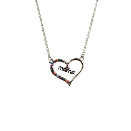 Gargantilla de plata con una cadena y un corazon hueco en el centro con la palabra mama y circonitas de colores a un lado