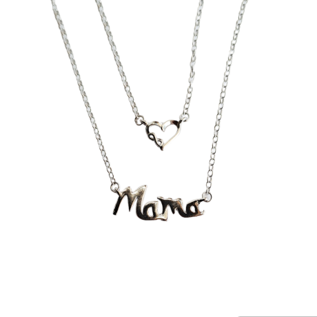 Gargantilla de plata con doble cadena, en una cadena un pequeño corazon y en la segunda cadena la palabra mama