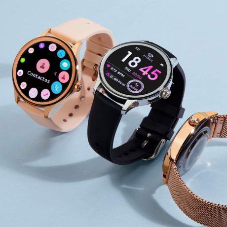 Reloj Smart en tres colores uno en negro, rosa y rosa dorado