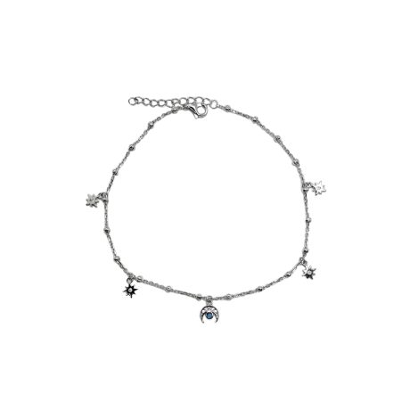 Tobillera de plata con una luna como motivo central y dos estrellas a cada lado