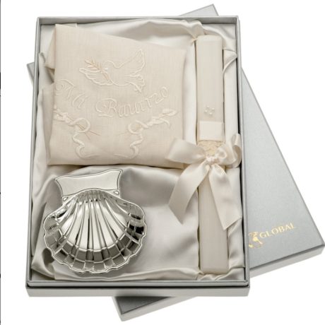 Set de vela con lazo blanco, paño bautismal y concha metálica