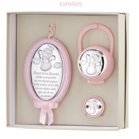 Chupetero de angelito de la guarda en color rosa con medalla