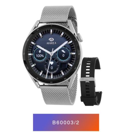 reloj smart color plata con correa metálica y una des sustitución negra de silicona
