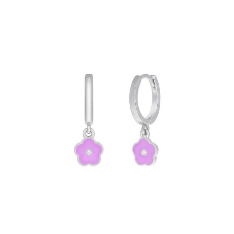Pendiente de plata con un aro de clip y una flor esmaltada en color lila
