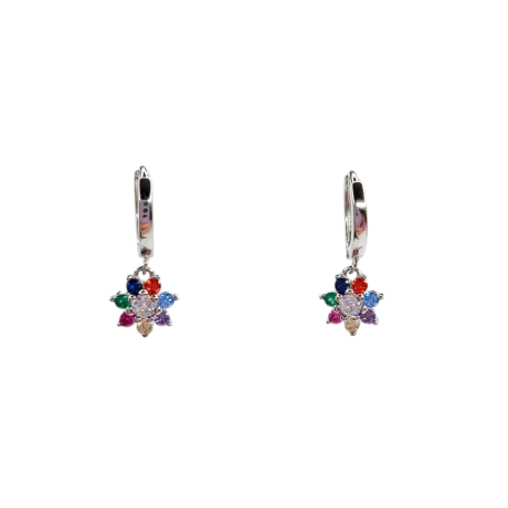 Los Pendiente  Aro Flor Multicolor son unos  precioso pendiente de aro con cierre de clip con un pequeña circonitas engarzadas con una circonita central de color transparente y alrededor seis circonitas de colores naranja, azul, violeta, amarillo rosa y verde.  Características : Diámetro del aro  11.3 mm Altura de flor  7.9 mm Incluye tuerca de presión de plata Fabricados en Plata de Ley 925 . Aros de plata de ley con circonitas multicolor para añadir un toque de brillo a tus looks.  ¡Descubre estos Pendiente Aro Flor Multicolor y deslumbra en cualquier ocasión!