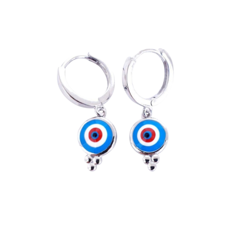 Los Pendiente Aro Ojo Turco  de plata son unos  precioso pendiente de aro con cierre de clip del que cuelga un Ojo Turco lacado en colores azul, blanco y rojo  Características : Diámetro del aro  11.2  mm Diámetro de ojo de la chapa 7.5 mm Fabricados en Plata de Ley 925 . Descubre los Pendiente Aro Ojo Turco de plata y deslumbra con su diseño único.  ¡Llévalos contigo y haz una declaración de estilo!