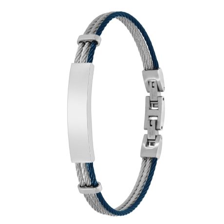 La Pulsera hombre Uom acero detalles en azul,  es una elegante pulsera de caballero fabricada con tres cables acero, con uno de los cables en color azul y una chapa central . Características: Material pulsera: Acero y acero color azul. Material cierre: Acero. Medida: 19 + 2 cm Ancho de cada cable: 3 mm Con placa de 4 cm de largo. ¡Descubre la sofisticación que aporta nuestra pulsera de hombre de acero  a tu estilo diario! Añade un toque de distinción a tu estilo diario con la Pulsera hombre Uom acero detalles en azul. ¡Descúbrela y destaca cada ocasión!