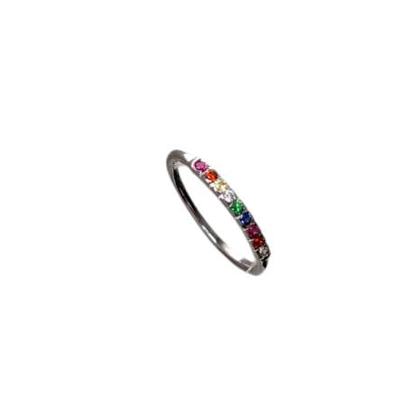 El Anillo Aine de plata, es un anillo fabricado en  plata de ley 925, con una linea de nueve circonitas de colores en la parte superior del anillo  Características  del Anillo Aine de plata : Ancho de aro: 1.4 mm Espesor del aro: 1.7 mm Ancho zona de circonitas 17 mm Altura de circonita 1.1 mm Plata de Ley 925 Descubre el elegante Anillo Aine de plata, con circonitas de colores que brillan intensamente. Encuentra tu talla ideal y deslumbra hoy mismo.